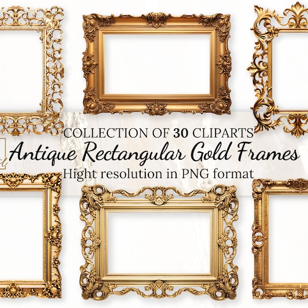 Antique Rectangular Gold Frames Clipart Collection With Free Commercial License • Rococo and Baroque  Golden Clip Art  for Vintage Designs