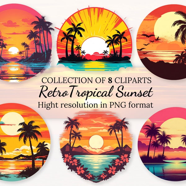 8 Retro Tropical Sunset Clipart Collection With Free Commercial License  • Sunset Ilustrations • Hight Resolution • PNG Format