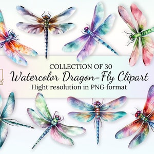 Könnte beinhalten: Aquarell-Libellen in verschiedenen Farben, darunter Blau, Lila, Orange und Grün. Der Text "COLLECTION OF 30 Watercolor Dragon-Fly Clipart Hight resolution in PNG format" ist enthalten.