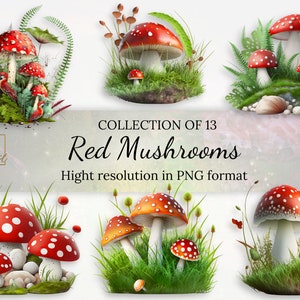 Red Mystical Fairy Tale Mushroom Clipart Collection • PNG Images with Full Commercial License • Fantasy Clipart with Instant Download