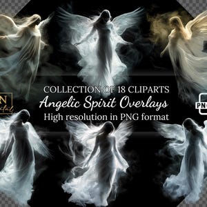 May include: Digital art collection of 18 cliparts featuring angelic spirit overlays in PNG format. The images depict ethereal figures with large, feathered wings and flowing white garments, set against a dark background with smoky effects.