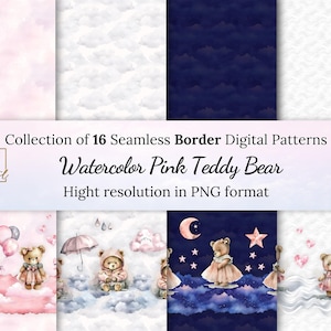 Aquarell hübscher rosa Teddybär Digitale Muster • Nahtlose digitale Sammlung • Hochwertige PNGs • Kostenlose kommerzielle Lizenz