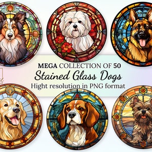 Mega colección de 50 imágenes prediseñadas de perros en vitrales • Ilustraciones de perros en vitrales redondos con fondo transparente para diseños vibrantes