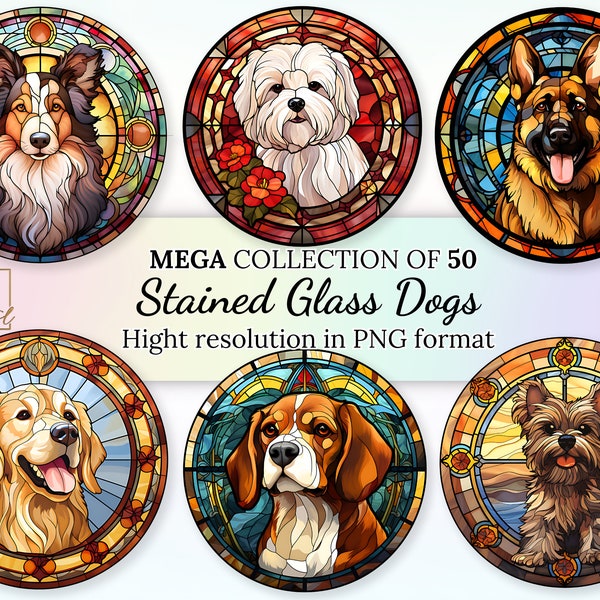 50 Mega Collection de cliparts de chiens en vitrail • Illustrations rondes de chien de vitrail avec fond transparent pour des conceptions vibrantes