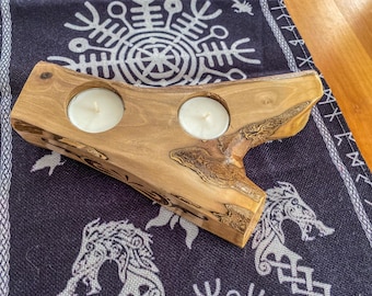Handmade Walnut Wood Candle Holder | Wood-burned Twin Hearts Decor