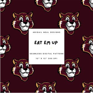 Eat &#39;Em Up Cats Seamless Pattern – Maroon and Gold College Game Day Digital File – Hand Drawn Bobcat Fan Print for Sublimation, Fabric PNG
