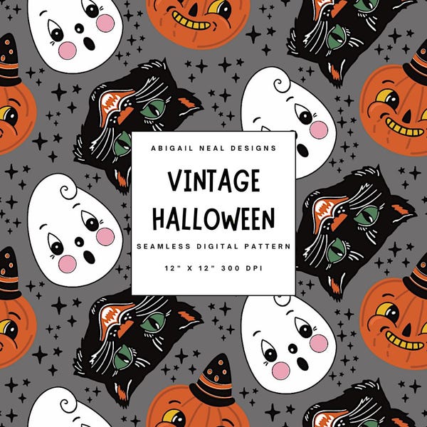 Mjukt grått vintage Halloween sömlöst mönster läskig bakgrund digital nedladdning vintage-inspirerade spöken, pumpa, katt