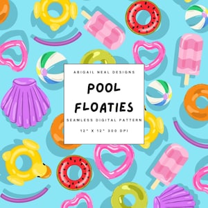 Pool Float Seamless Pattern Cute Hand Drawn Summer Floaties Digital File Bright Kids Fabric Design, Swimwear, Sublimation PNG Download