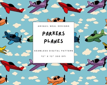 Modello senza cuciture di aeroplano dei cartoni animati - Stampa su tessuto per bambini con motivo aeronautico (download digitale)