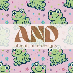 May include: A repeating pattern of smiling green frogs, flowers, and stars on a pink background. The text "AND" and "abigail neal designs" are displayed in brown. The design is whimsical and suitable for children's products.