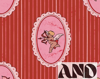 Red Vintage Cupid Cameo Seamless Pattern PNG – Pink & Red Valentine Stripe Design 12x12" 300 DPI