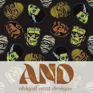 May include: A repeating pattern of classic monster faces in green, brown, and white on a black background. The image includes Frankenstein's monster, a mummy, and a werewolf. The bottom of the image has the text "AND" and "abigail neal designs".