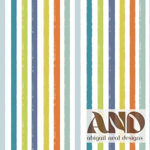 May include: Vertical stripes in various colors, including blue, green, orange, and yellow, on a white background. The stripes have a brushstroke texture. The text "AND abigail neal designs" is in the lower right corner.