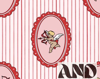 Vintage Cupid Cameo Seamless Pattern PNG – Pink & Red Valentine Stripe Design 12x12" 300 DPI
