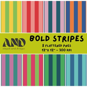 Pode incluir: Uma impressão de arte digital com oito padrões de listras coloridas. Os padrões incluem listras verticais em várias combinações de cores, como verde e amarelo, vermelho e rosa e azul e laranja. O texto "BOLD STRIPES" é exibido, juntamente com as dimensões de 30,48 cm x 30,48 cm.