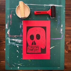 Ratiches Skull Handmade Relief Block Printing Linocut Print (A4)