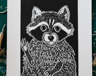 Syd The Raccoon Handmade Relief Block Printing Linocut Print Poster (A3)