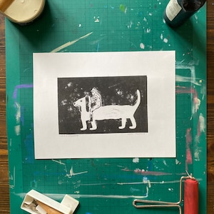 Dadachshund The Racing Sausage Dog Handmade Relief Block Printing Linocut Print Poster (24 x 32cm)