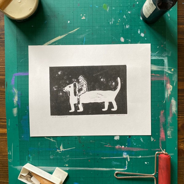 Dadachshund Linocut Print (24 x 32cm)