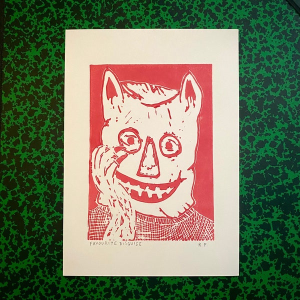 Favourite Disguise Handmade Relief Block Printing Linocut Print (A5)