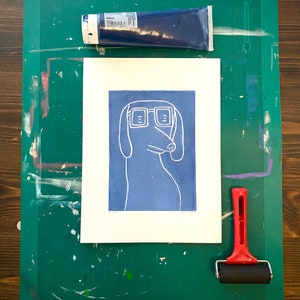 Alain The Dog Handmade Relief Block Printing Linocut Print Poster (24 x 32cm)