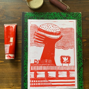 Big Burger Handmade Relief Block Printing Linocut Poster (A3)