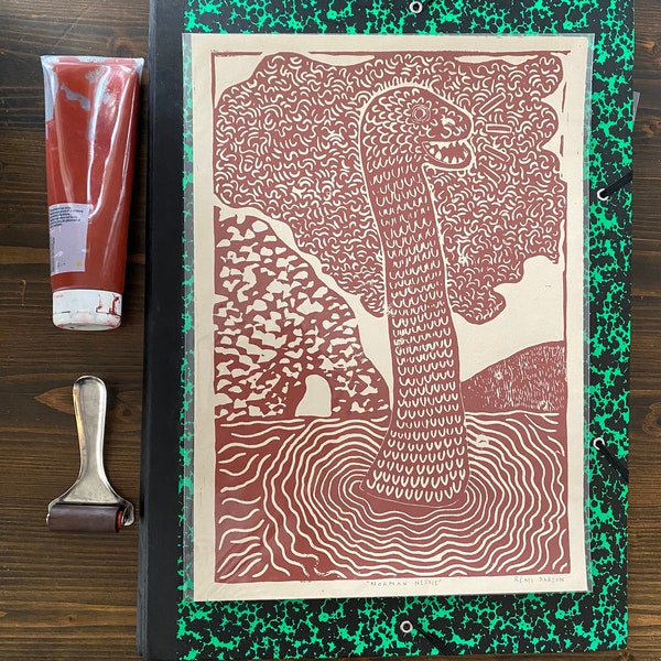 Norman Nessie Handmade Relief Block Printing Linocut Print Poster (A3)