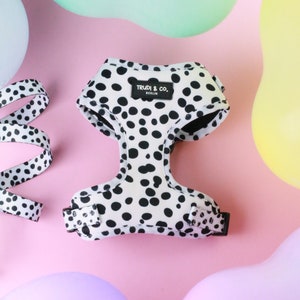 Adjustable dog harness with Dalmatian pattern