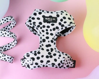 Adjustable dog harness with Dalmatian pattern