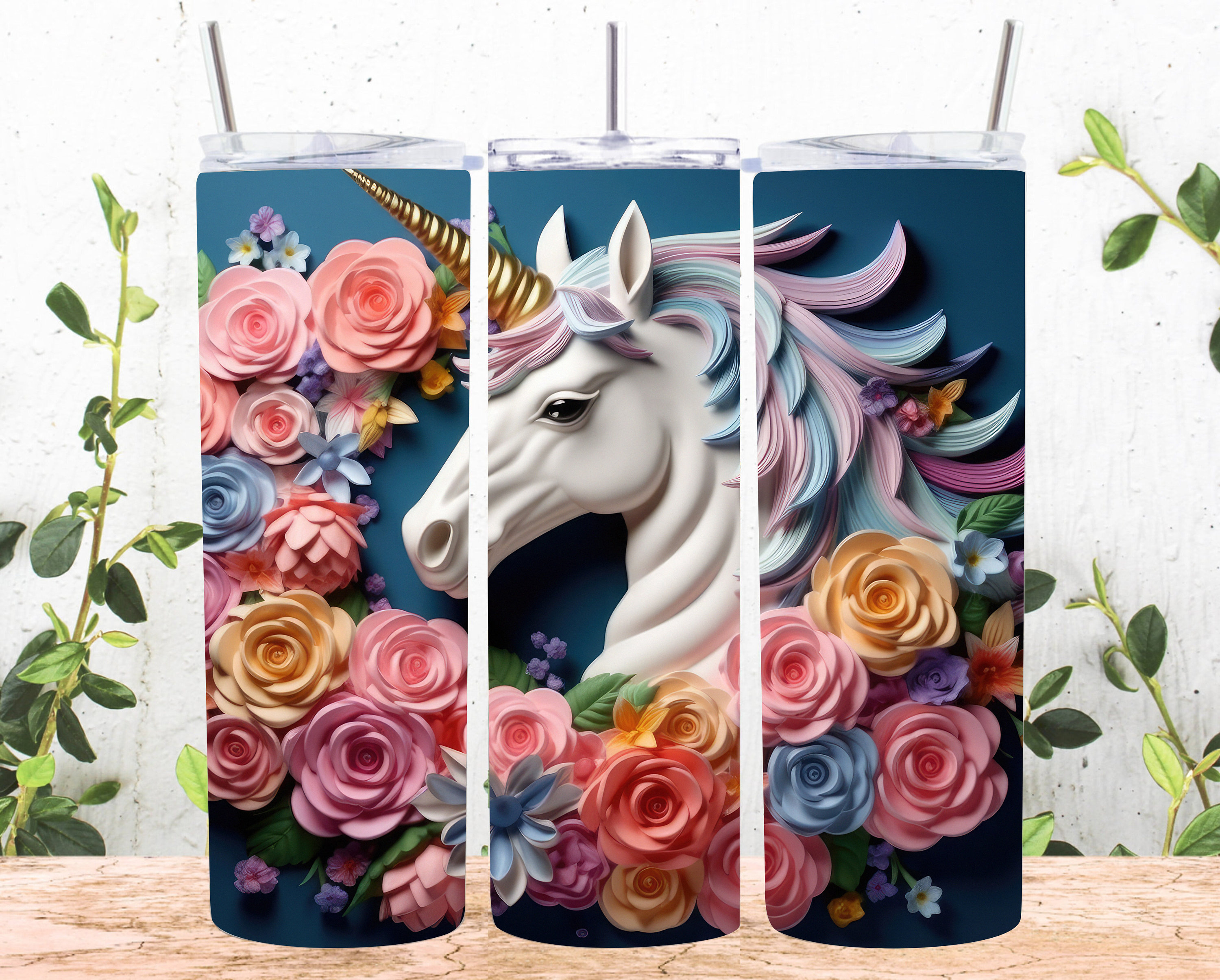 3D Unicorn Flowers 20 Oz Skinny Tumbler Sublimation Design Etsy