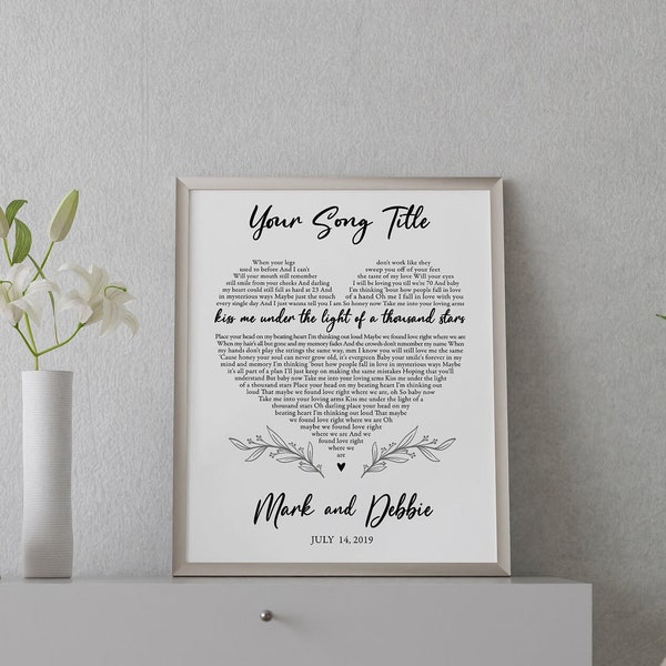 Custom Heart Song Lyrics Print, First Dance Wedding Gift For Husband Wife Couple, 1st Anniversary Gift, Birthday Mother's Day Gift Wall Art