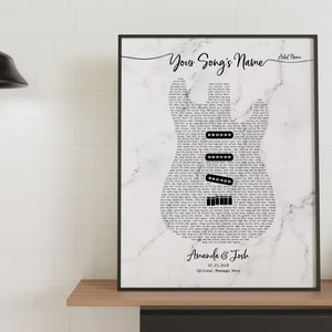 Custom Favourite Song Lyrics Guitar Print | Unframed, Framed Or Canvas | For Birthday, Wedding Anniversary, Father&#39;s Day | Music Wall Art