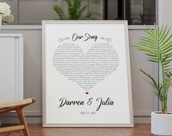 Personalized Heart Song Lyrics Print, Anniversary Gift For Husband Wife Boyfriend Girlfriend, First Dance Wedding Mother's Day Gift Wall Art