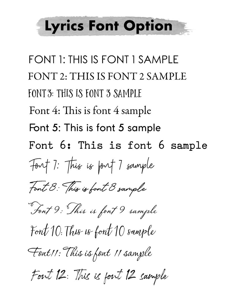 May include: A list of 12 different font styles with sample text for each font. The text reads "Lyrics Font Option".