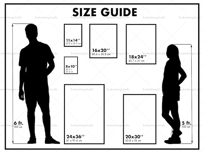 May include: A size guide for prints with silhouettes of people standing next to the different sizes. The sizes are listed in inches and centimeters. The sizes are 8x10 inches, 11x14 inches, 16x20 inches, 18x24 inches, 20x30 inches, and 24x36 inches.