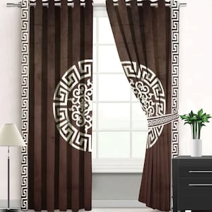 Custom Made Velvet Curtains with Laser Cutwork | High Quality Brown & White Patterned Drapes with Tie Belt