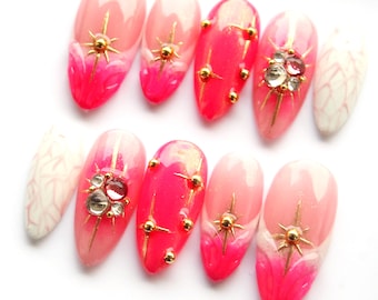 Le Glazed Trendy Press On Nails | Letnie gorące różowe wielokrotnego użytku paznokcie V258