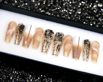 Golden Leaves Glue On Nails | Luxury Fake Nails With Glitter | Press on Nails | Fake Nails | Glitter Nails V49