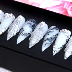Rare Pearl Marble Nails – Long Stiletto Press On, Ocean Glam Marble Wedding Set V118
