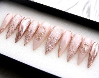 Festival Leaf Nails – 3D Laurel Metallic Brown Press On, Japanese Style, Wedding Nails V169
