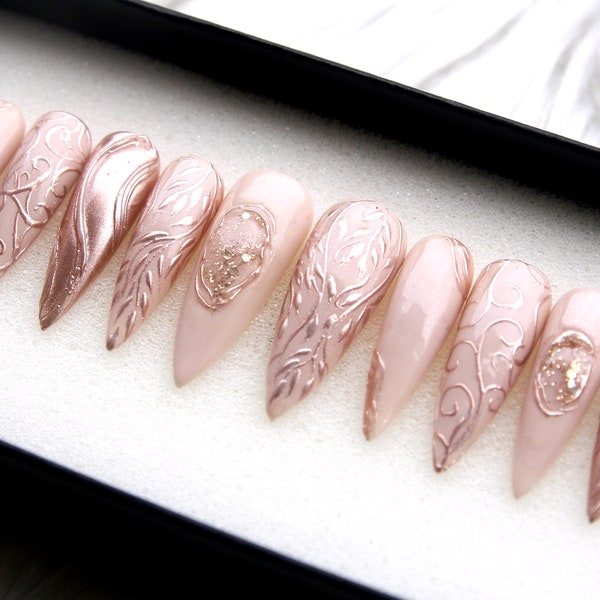 Festival Leaf Nails – 3D Laurel Metallic Brown Press On, Japanese Style, Wedding Nails V169