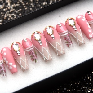 The Sweet Garden Press On Nails - Handmade Coffin Fake Nails - Bridal Wedding False Nails V135