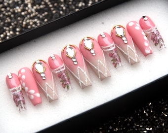 Handmade Pink Floral Press On Nails: Bridal Coffin False Nails