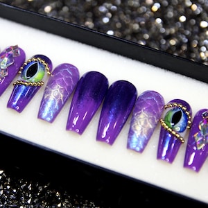 Eyes of Dragon 3D Nails | Purple Press On Nails | Coffin Nails | Long Press On Nails  | Gel Nails V14