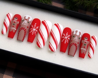 Christmas Press On Nails: Gingerbread, Candy Cane Coffin Nail Set