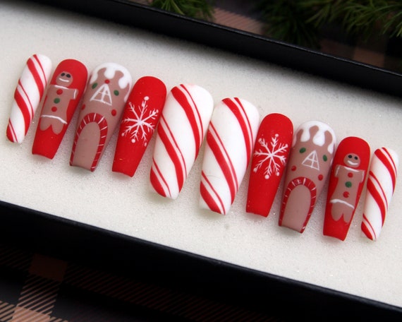 Christmas Press On Nails: Gingerbread, Candy Cane Coffin Nail Set
