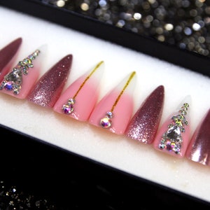 Pink Gradient Hand Painted Press On Nails | Bridal Glitter Glue On Nails | Salon 3D False Nails | Fake Nails With Crystal V8