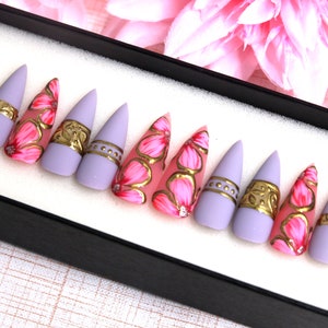 Princess of Persia Press On Nails | Long Stiletto Nail Set | Floral Glue On Nails | Pastel Fake Nails Glue On Nails | Y2K Nails V117