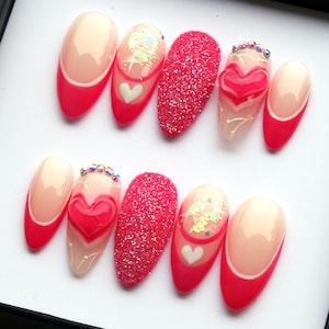 Hot Baby Pink French Tip Press On Nails | Valentine&#39;s Day Short Nails Set | French Tips Trendy Nails | Spring Nails V232