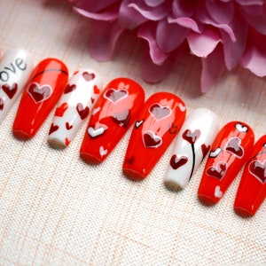 Unhas de amante brincalhão | Valentine Nails Red Press On Nails | Cola divertida nas unhas | Atraia Love Nails Luxury | Unhas Compridas VL07